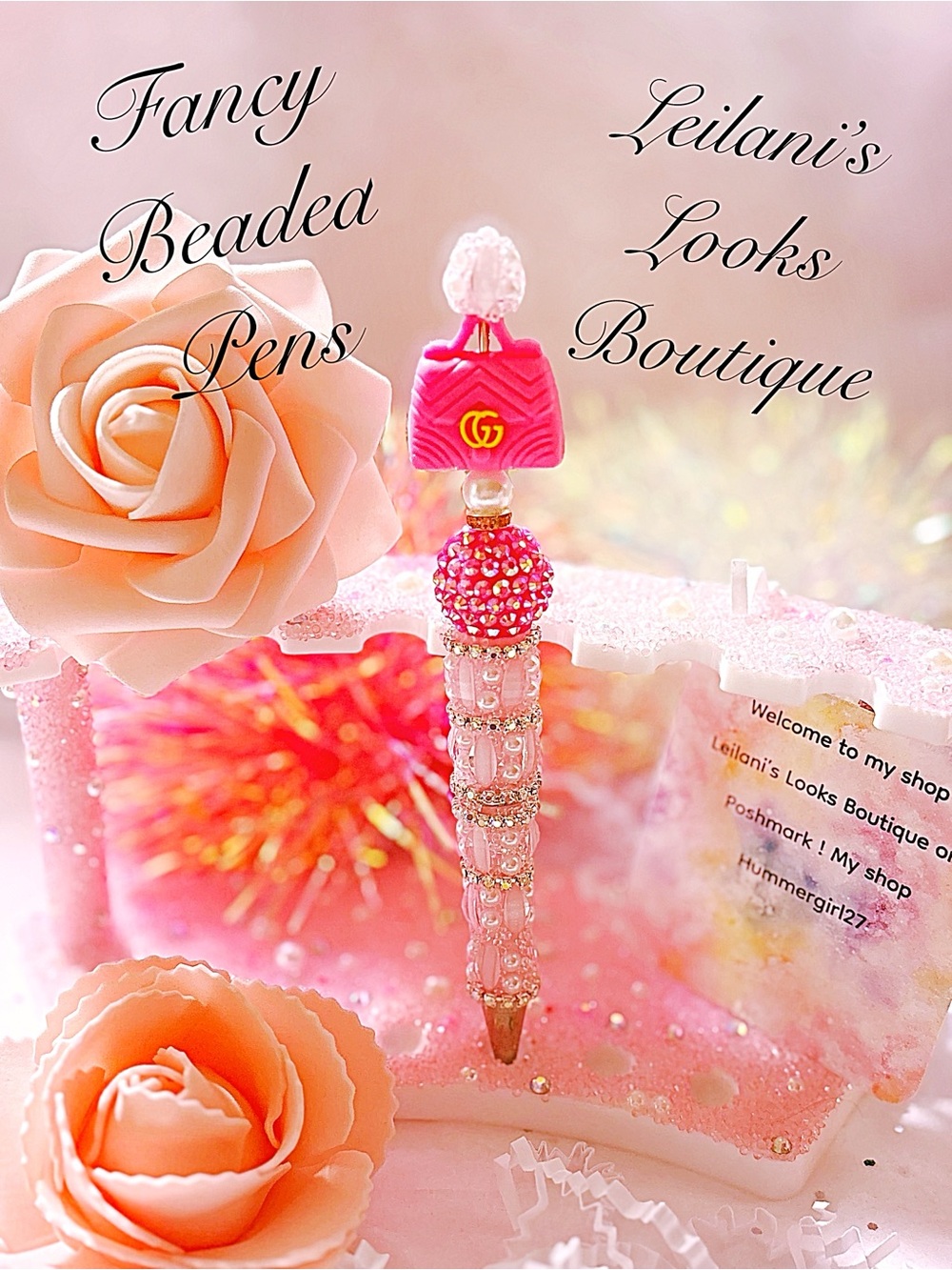 Fancy beaded pen/gifts/Pink beaded pen with rhinestone embellishments/pink purse